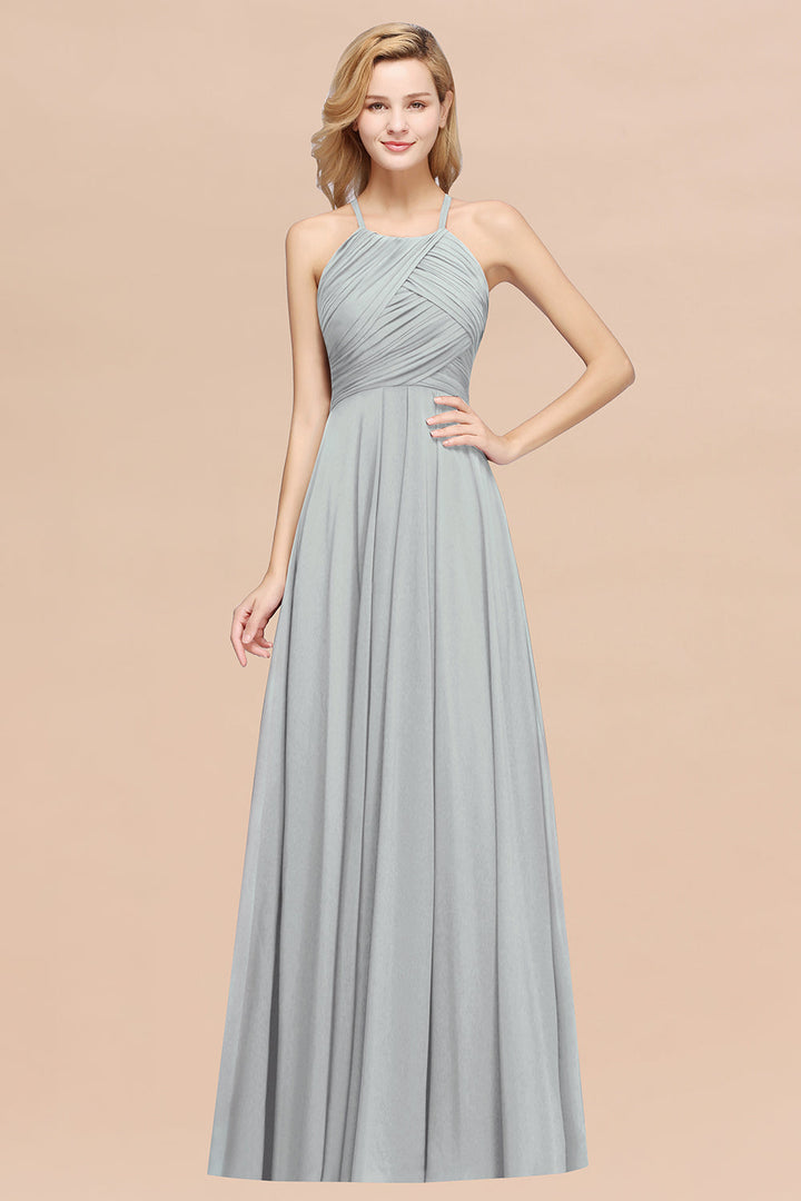 A-line Halter Ruched Chiffon Floor-Length Dress Crisscross-koscy