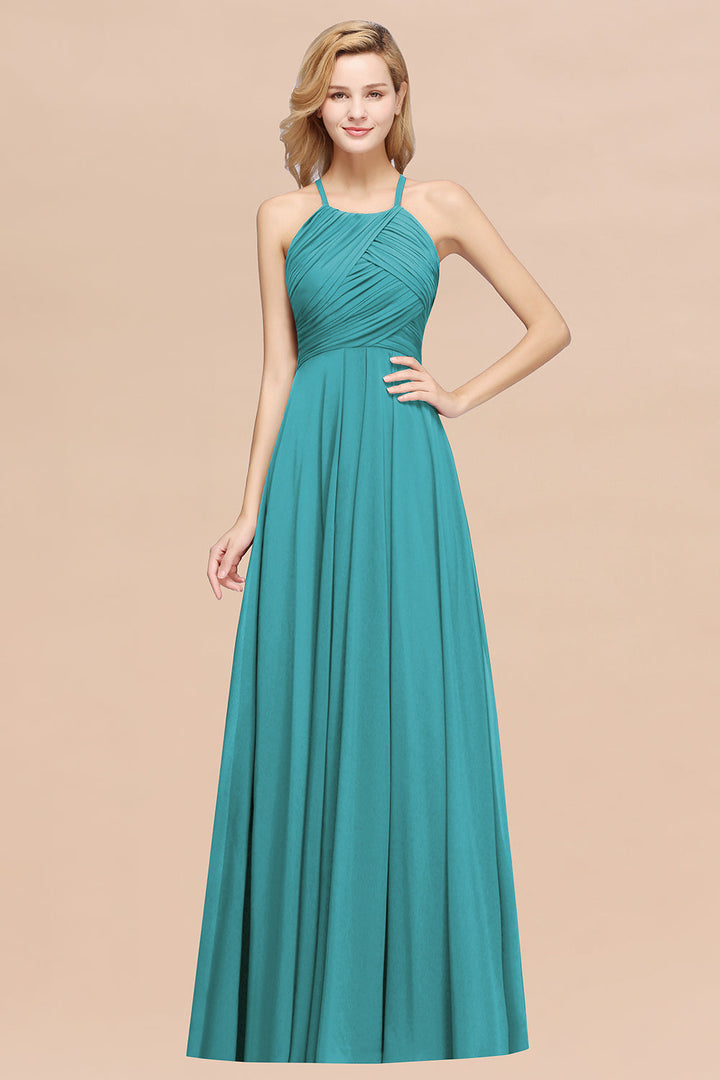 A-line Halter Ruched Chiffon Floor-Length Dress Crisscross-koscy