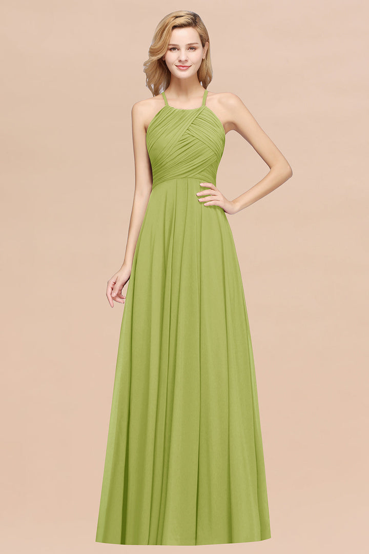 A-line Halter Ruched Chiffon Floor-Length Dress Crisscross-koscy