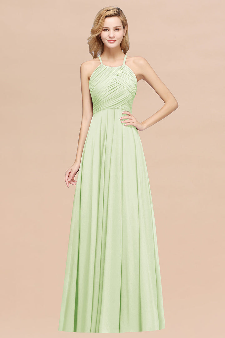 A-line Halter Ruched Chiffon Floor-Length Dress Crisscross-koscy