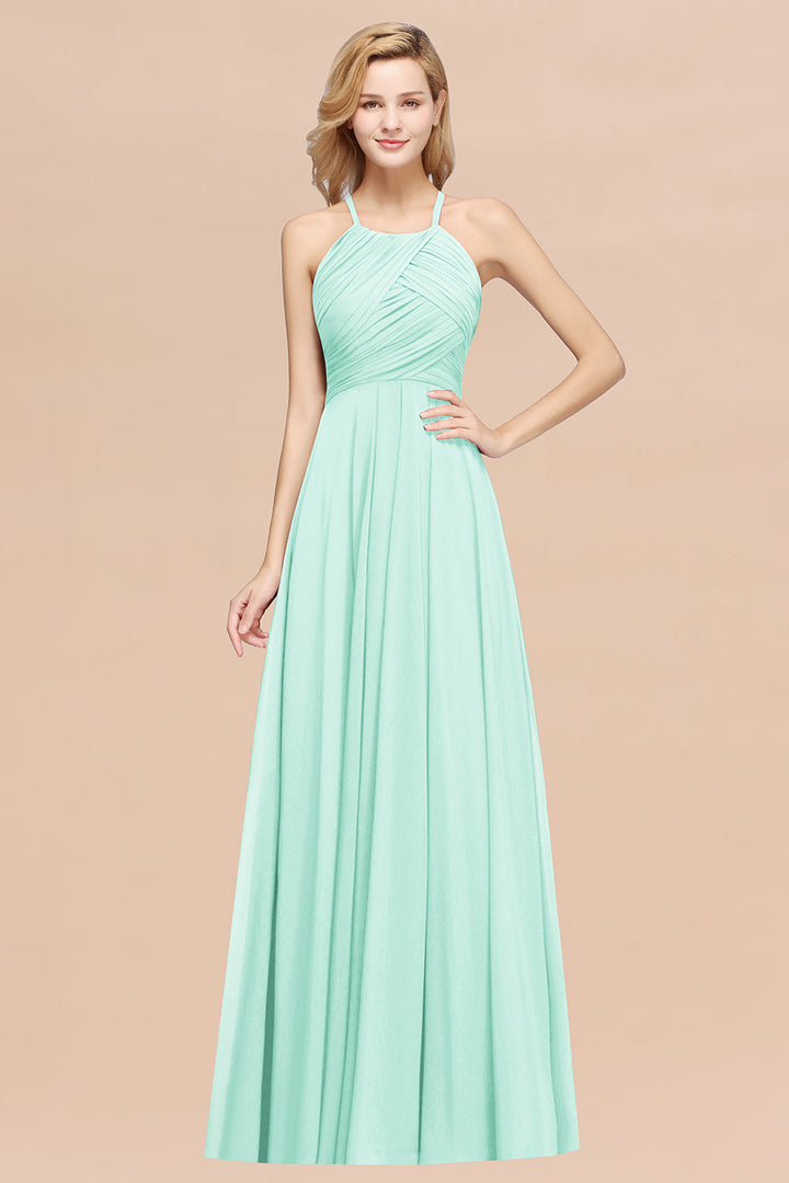 A-line Halter Ruched Chiffon Floor-Length Dress Crisscross-koscy