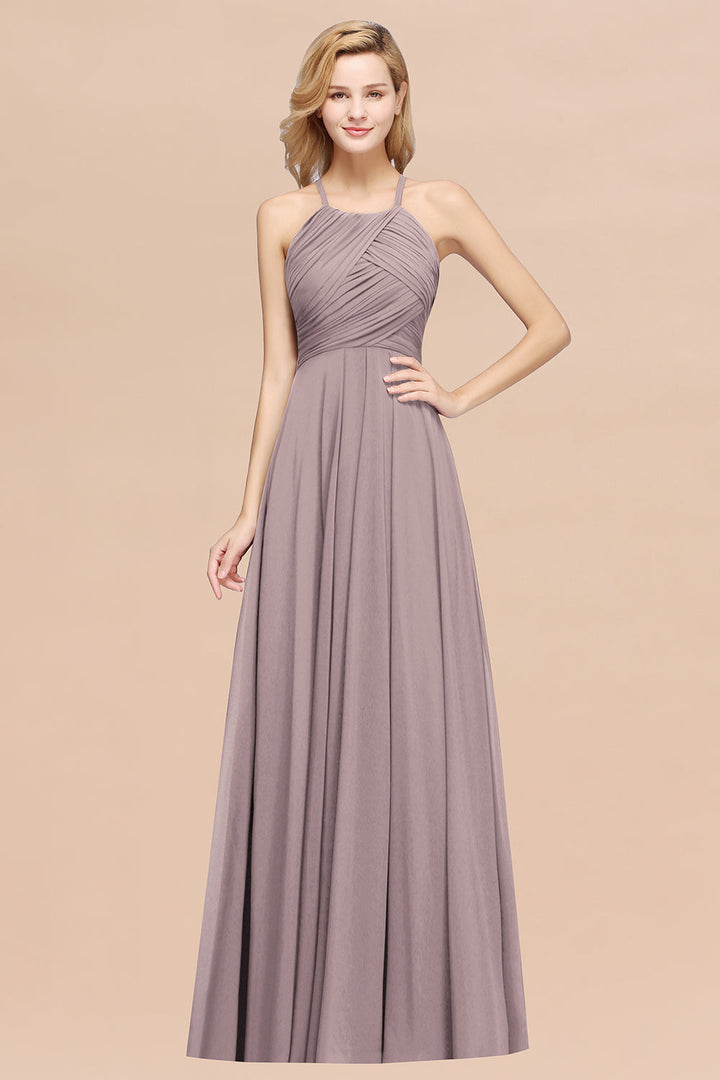 A-line Halter Ruched Chiffon Floor-Length Dress Crisscross-koscy