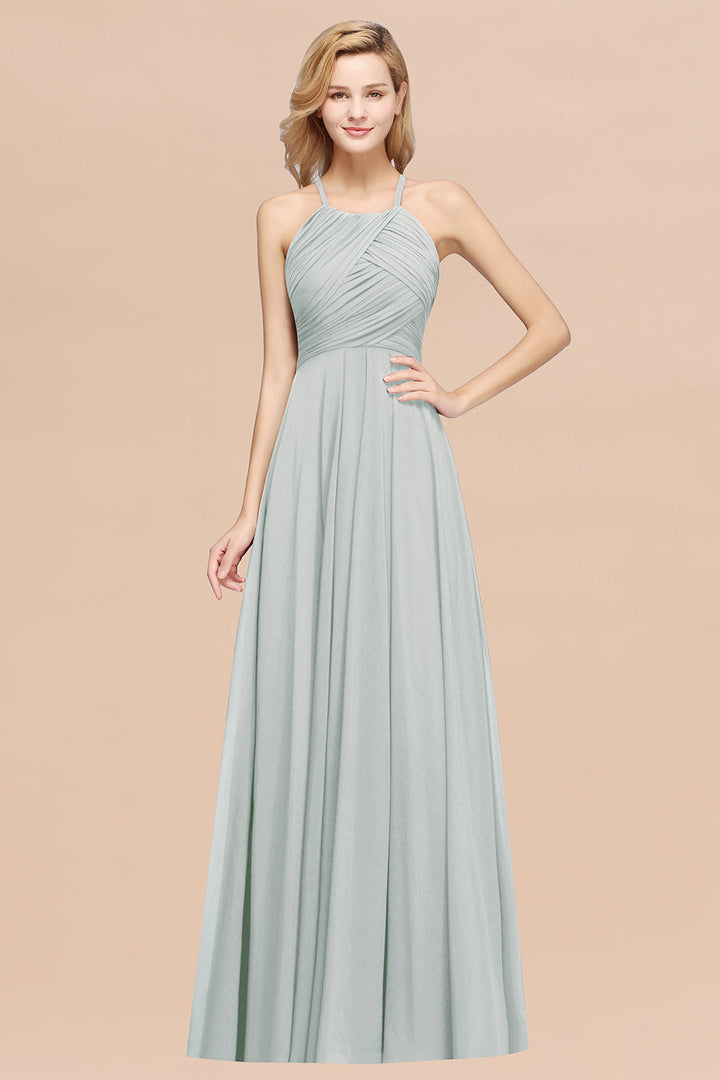 A-line Halter Ruched Chiffon Floor-Length Dress Crisscross-koscy