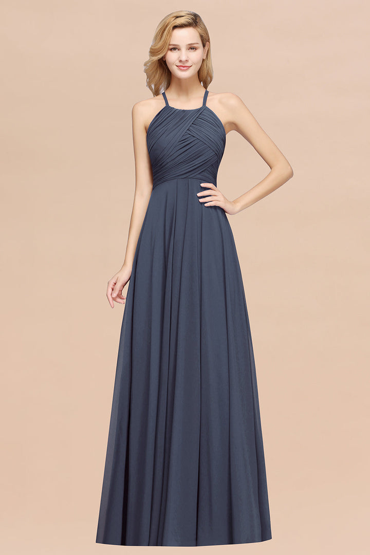 A-line Halter Ruched Chiffon Floor-Length Dress Crisscross-koscy