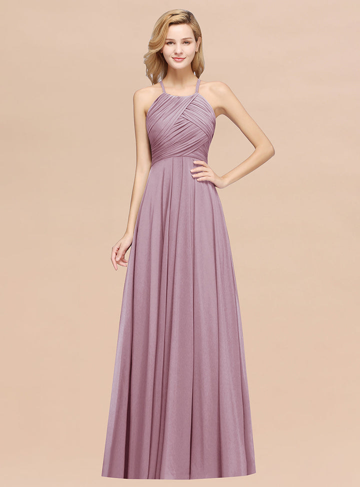 A-line Halter Ruched Chiffon Floor-Length Dress Crisscross-koscy