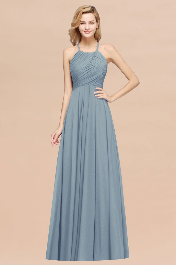 A-line Halter Ruched Chiffon Floor-Length Dress Crisscross-koscy