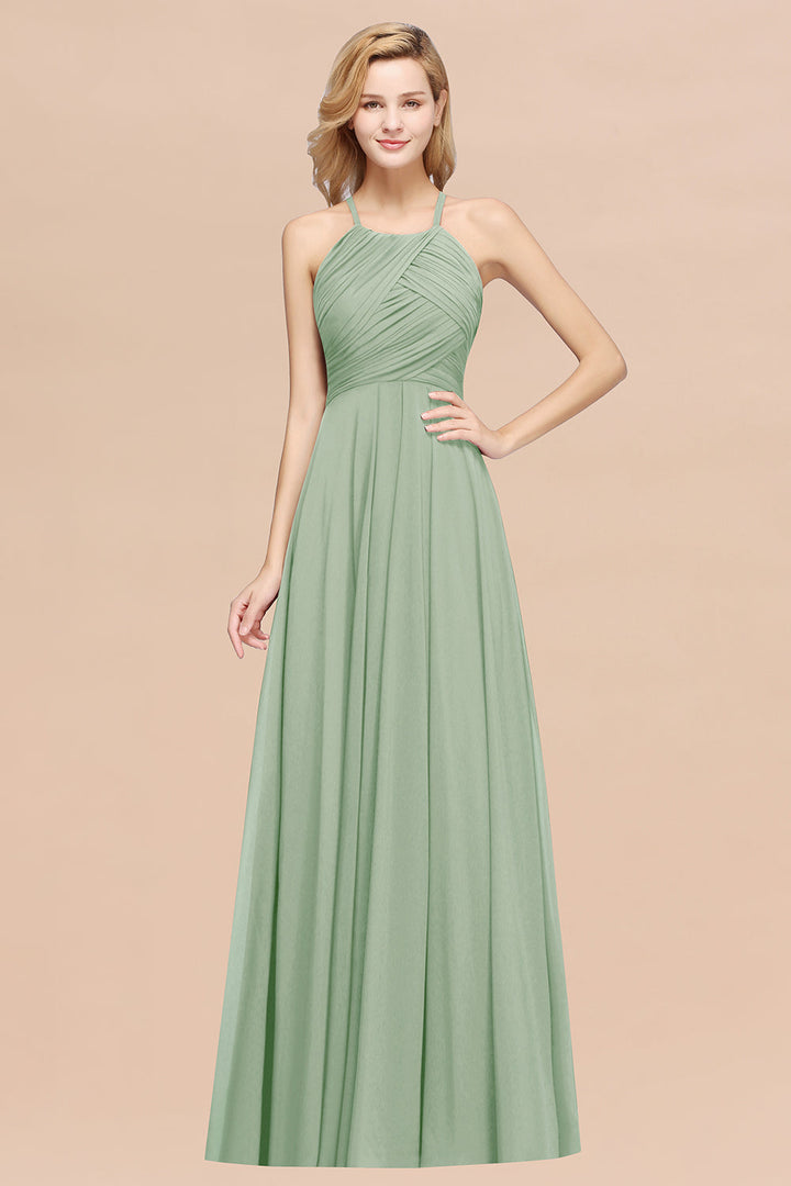 A-line Halter Ruched Chiffon Floor-Length Dress Crisscross-koscy