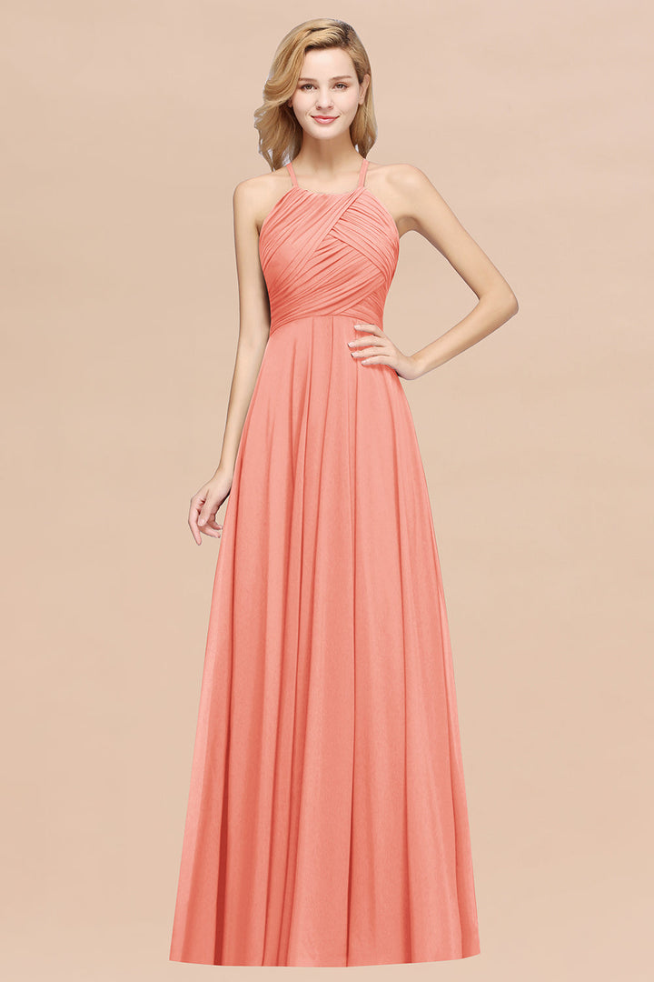 A-line Halter Ruched Chiffon Floor-Length Dress Crisscross-koscy