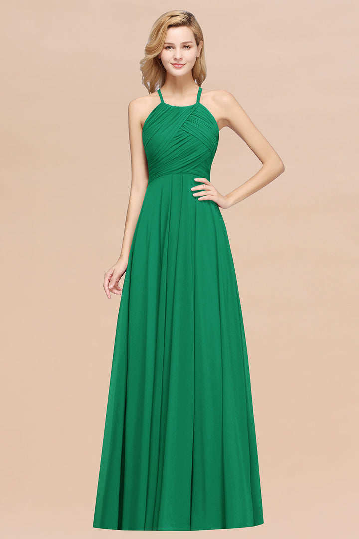 A-line Halter Ruched Chiffon Floor-Length Dress Crisscross-koscy