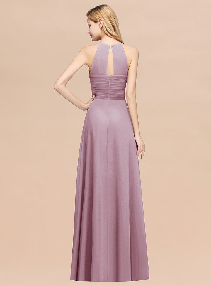 A-line Halter Ruched Chiffon Floor-Length Dress Crisscross-koscy