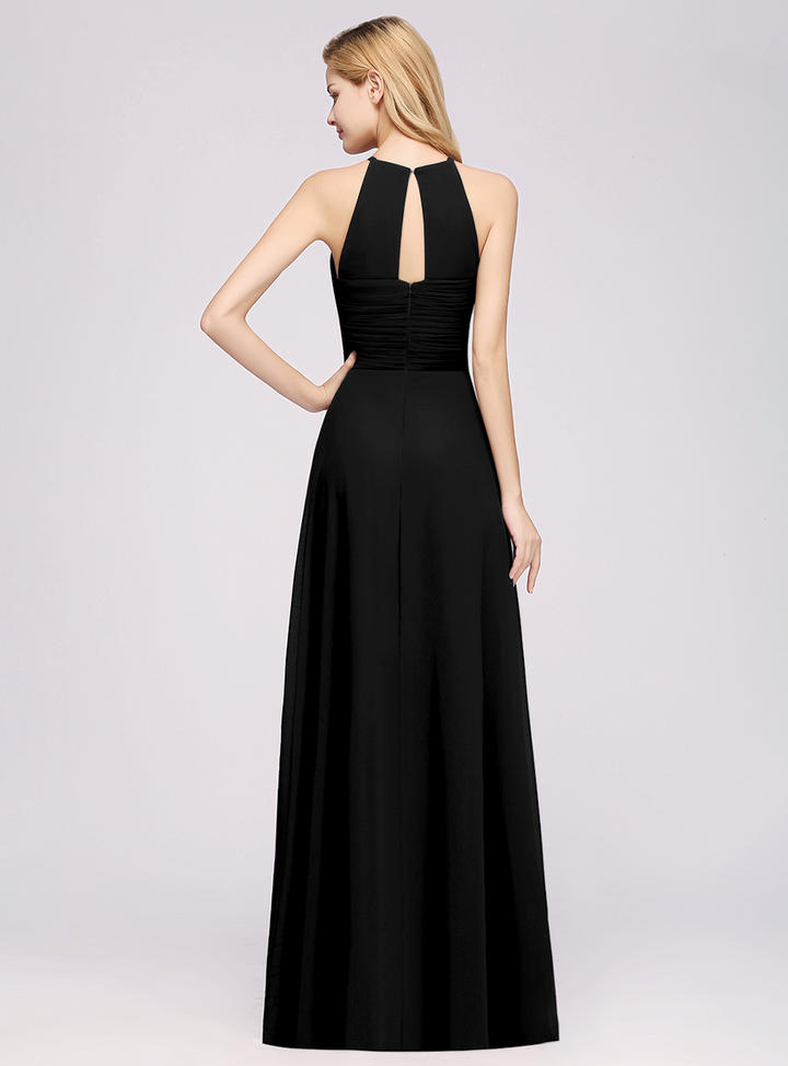 A-line Halter Ruched Chiffon Floor-Length Dress Crisscross-koscy