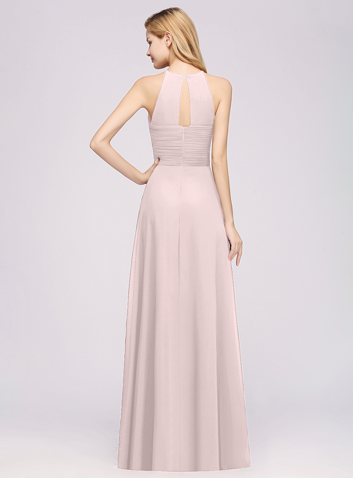 A-line Halter Ruched Chiffon Floor-Length Dress Crisscross-koscy