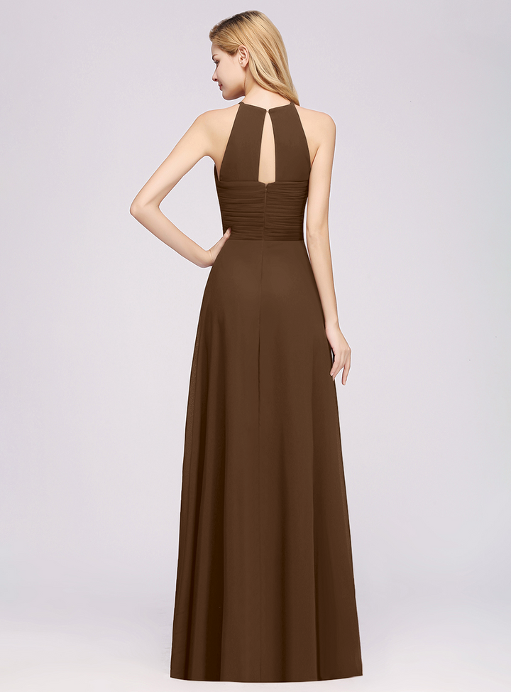 A-line Halter Ruched Chiffon Floor-Length Dress Crisscross-koscy