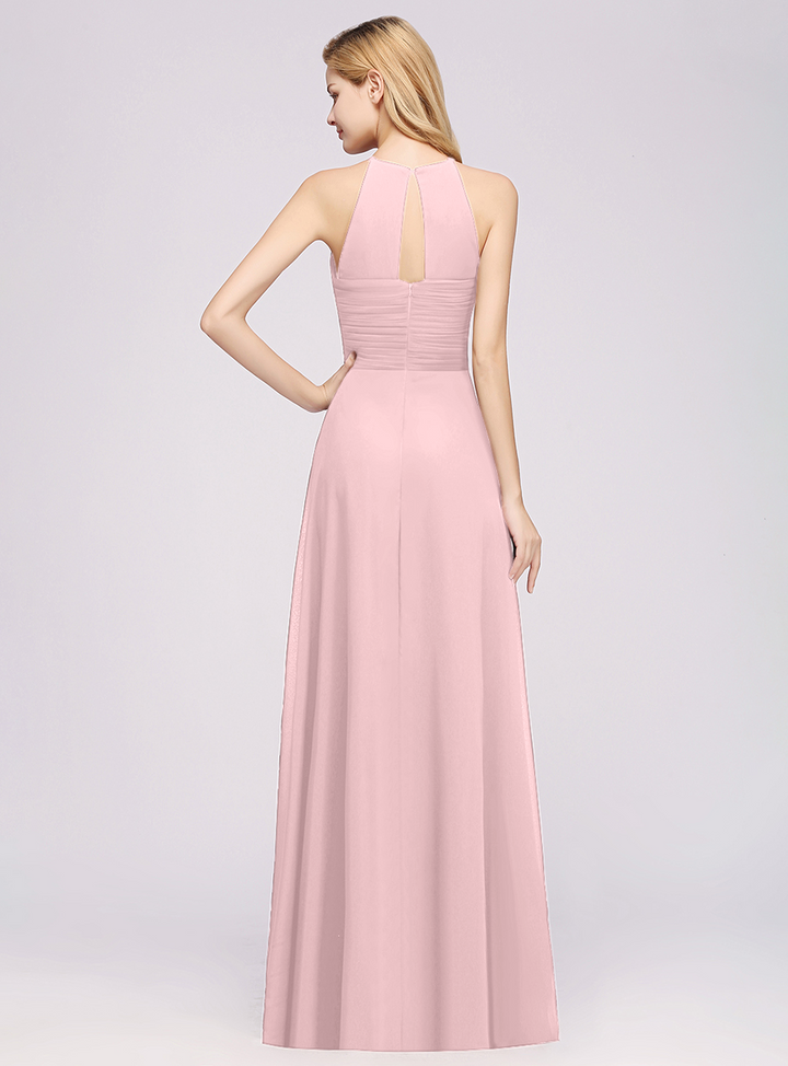 A-line Halter Ruched Chiffon Floor-Length Dress Crisscross-koscy