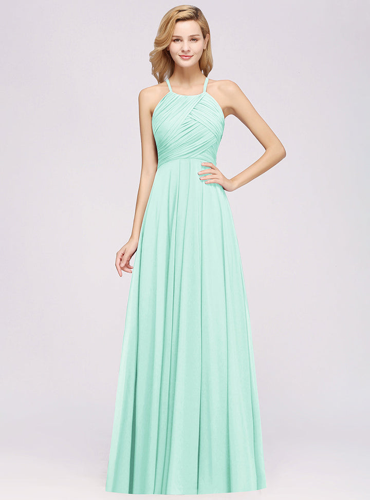 A-line Halter Ruched Chiffon Floor-Length Dress Crisscross-koscy