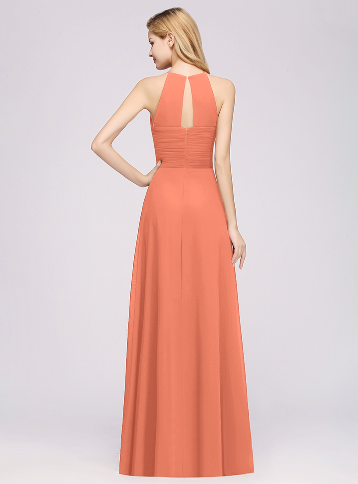 A-line Halter Ruched Chiffon Floor-Length Dress Crisscross-koscy