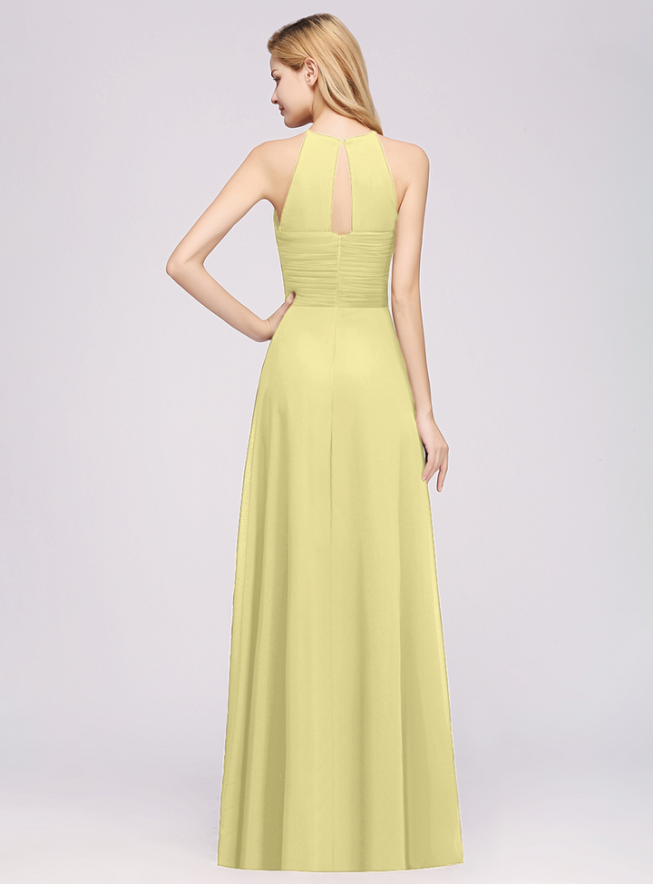 A-line Halter Ruched Chiffon Floor-Length Dress Crisscross-koscy