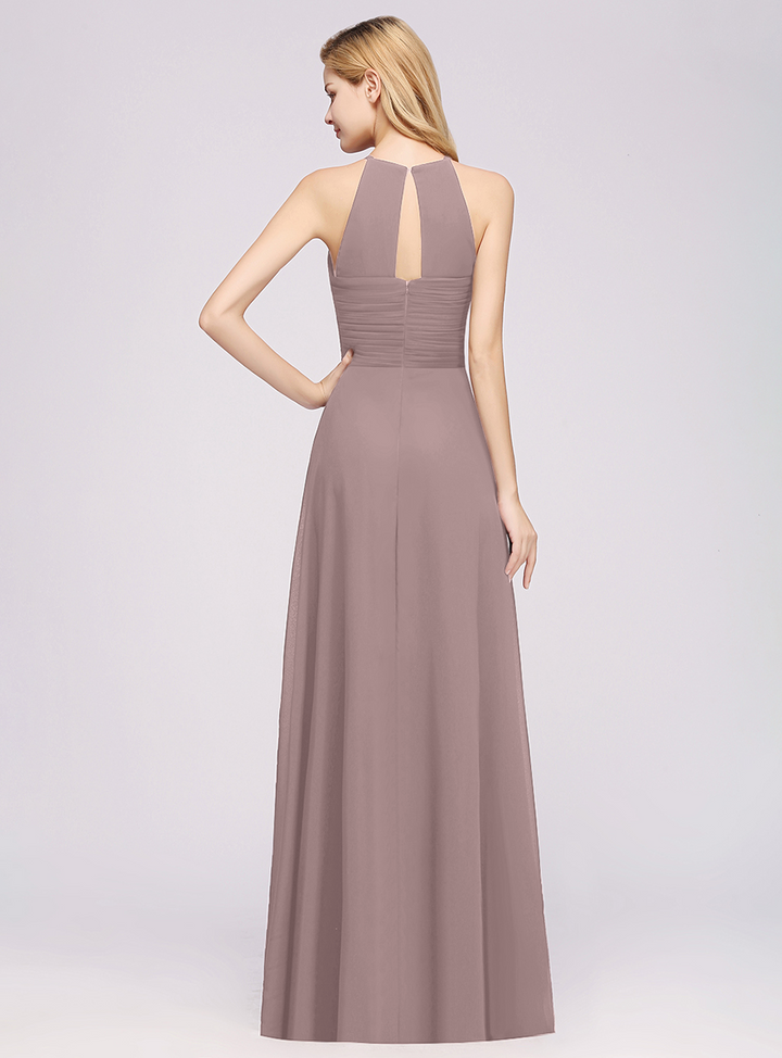 A-line Halter Ruched Chiffon Floor-Length Dress Crisscross-koscy