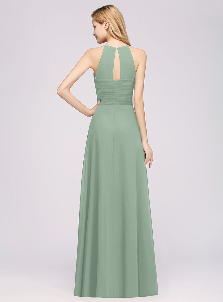 A-line Halter Ruched Chiffon Floor-Length Dress Crisscross-koscy