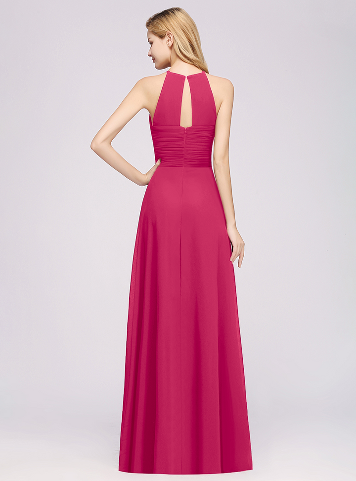 A-line Halter Ruched Chiffon Floor-Length Dress Crisscross-koscy