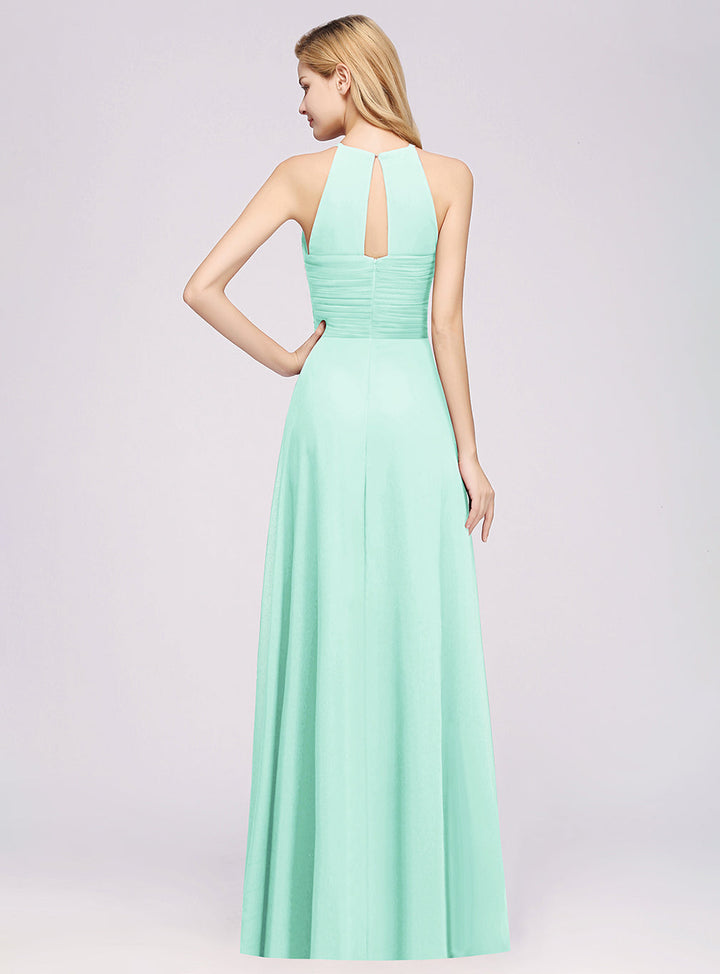 A-line Halter Ruched Chiffon Floor-Length Dress Crisscross-koscy