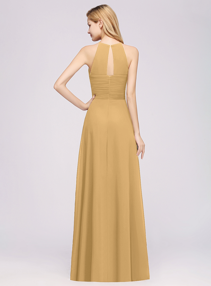 A-line Halter Ruched Chiffon Floor-Length Dress Crisscross-koscy