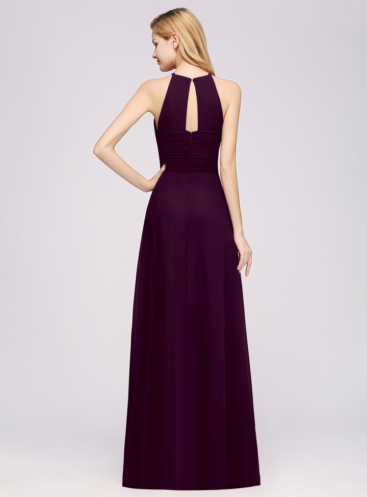 A-line Halter Ruched Chiffon Floor-Length Dress Crisscross-koscy