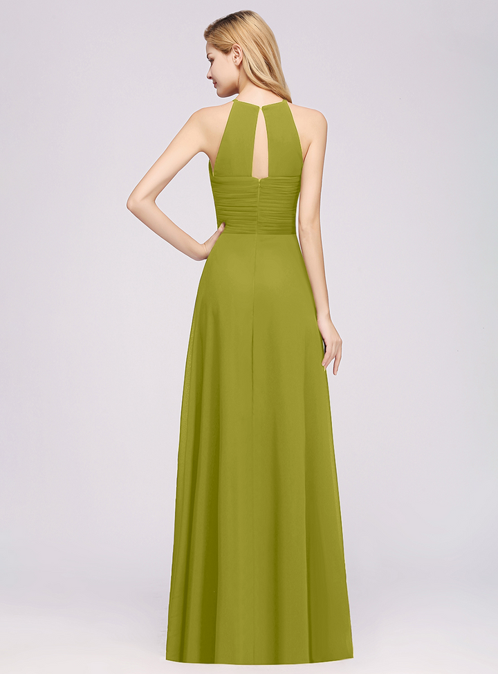 A-line Halter Ruched Chiffon Floor-Length Dress Crisscross-koscy