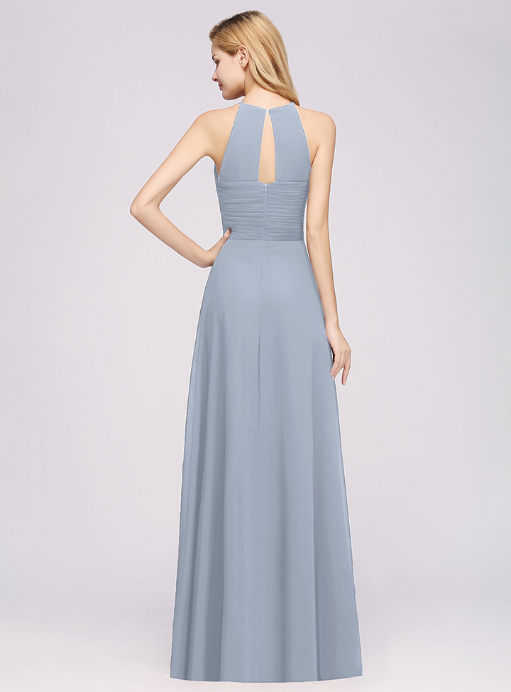 A-line Halter Ruched Chiffon Floor-Length Dress Crisscross-koscy