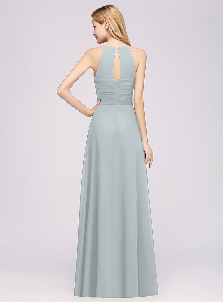 A-line Halter Ruched Chiffon Floor-Length Dress Crisscross-koscy