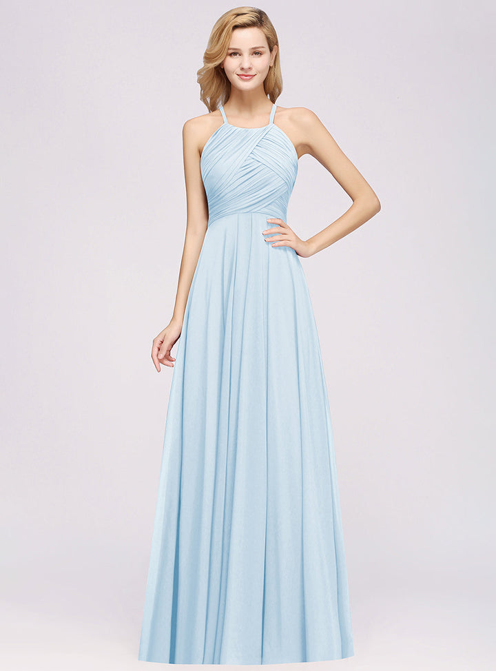 A-line Halter Ruched Chiffon Floor-Length Dress Crisscross-koscy