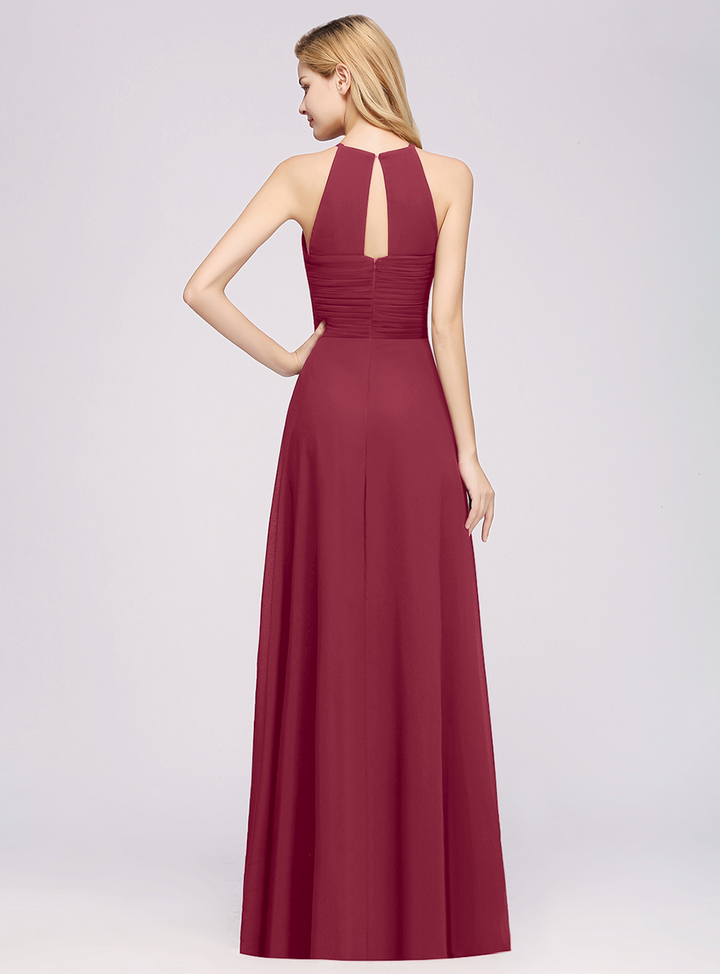 A-line Halter Ruched Chiffon Floor-Length Dress Crisscross-koscy