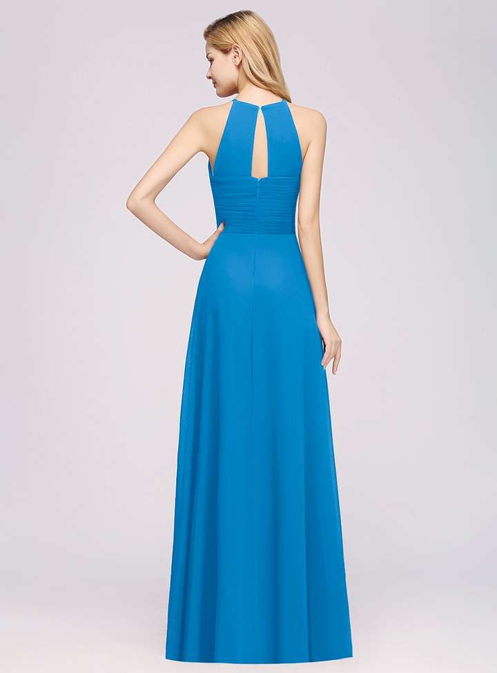 A-line Halter Ruched Chiffon Floor-Length Dress Crisscross-koscy