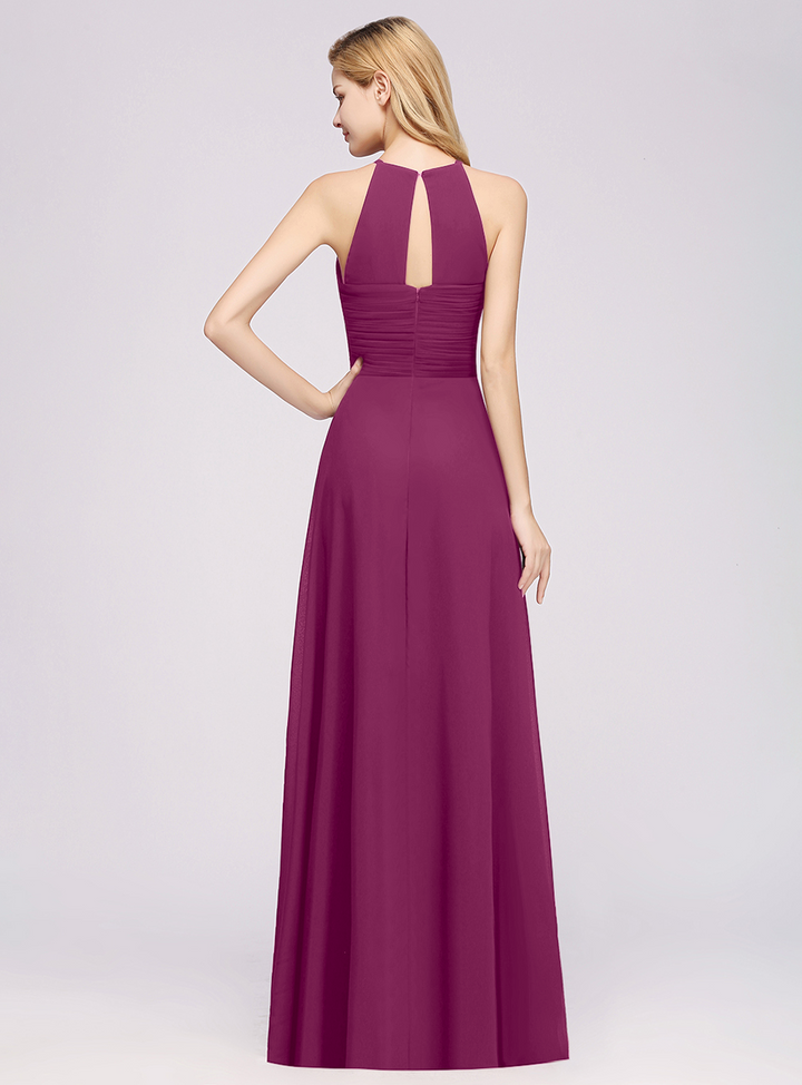 A-line Halter Ruched Chiffon Floor-Length Dress Crisscross-koscy