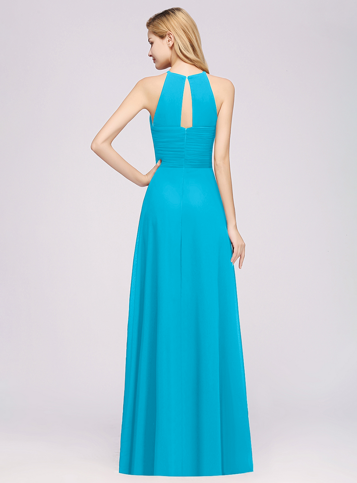 A-line Halter Ruched Chiffon Floor-Length Dress Crisscross-koscy