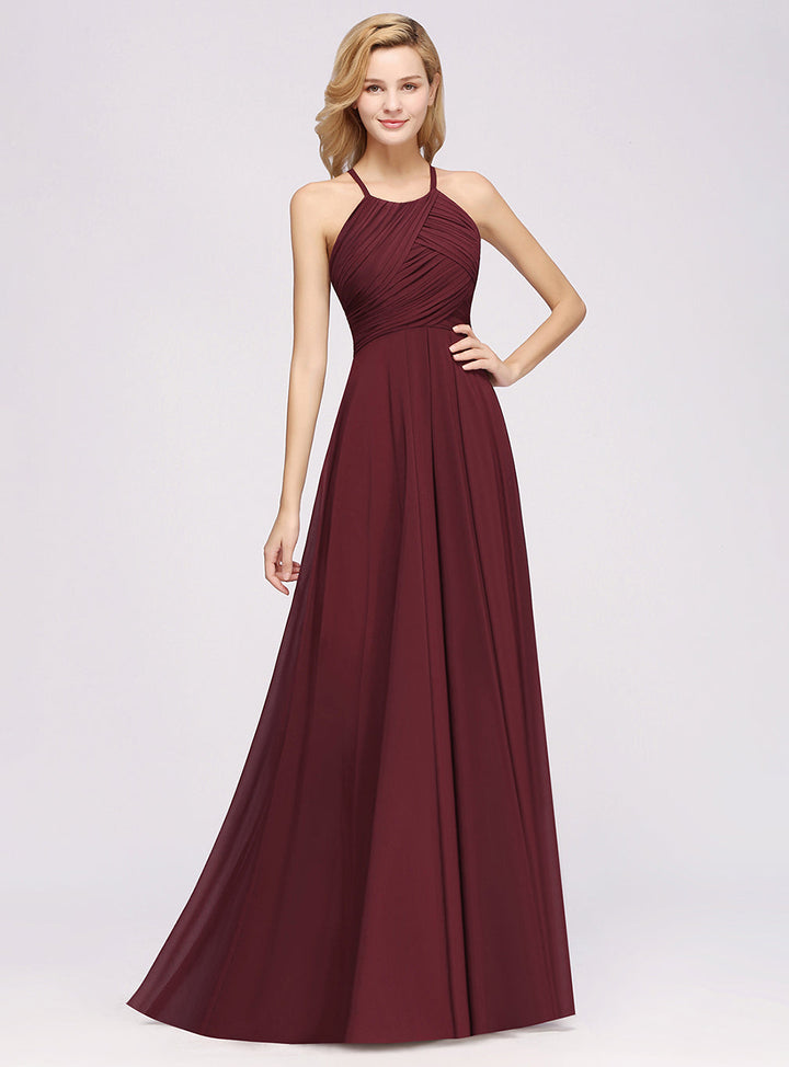 A-line Halter Ruched Chiffon Floor-Length Dress Crisscross-koscy