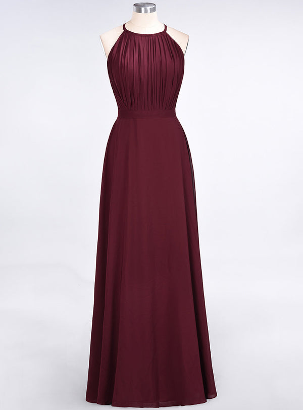 A-line Halter Ruffle Chiffon Floor-Length Dress Burgundy-koscy