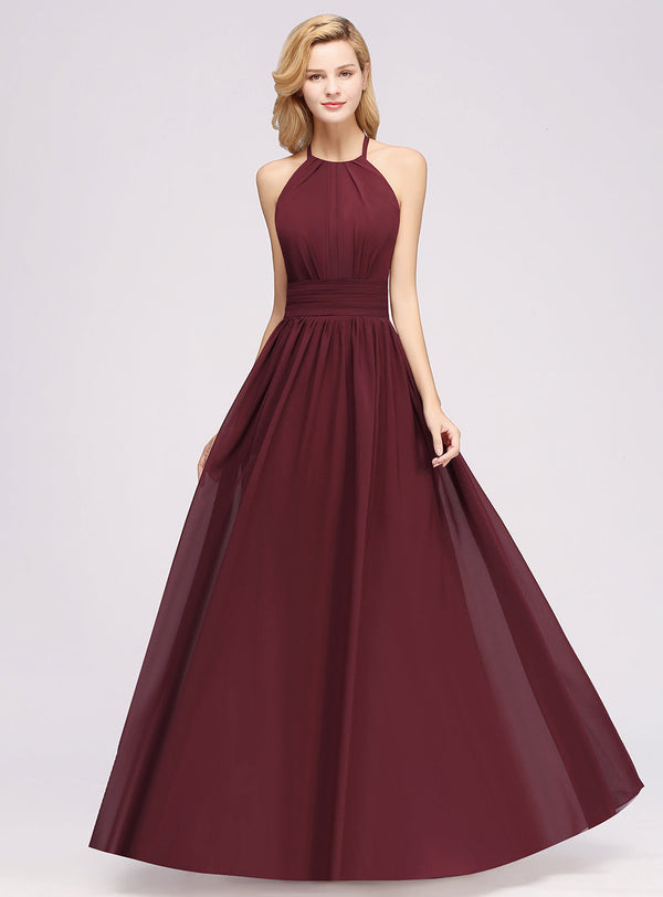 A-line Halter Ruffle Chiffon Lace High-Neck Floor-Length Dress-koscy