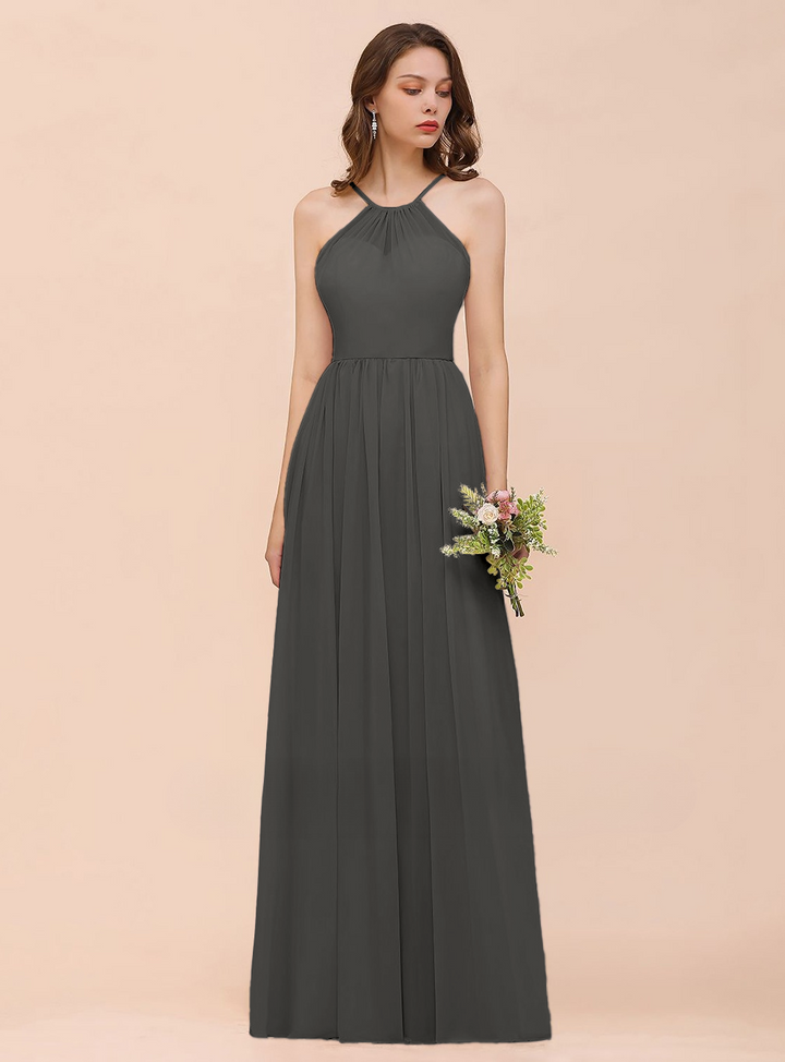 A-Line Halter Ruffle Sleeveless Floor-Length Dress-koscy