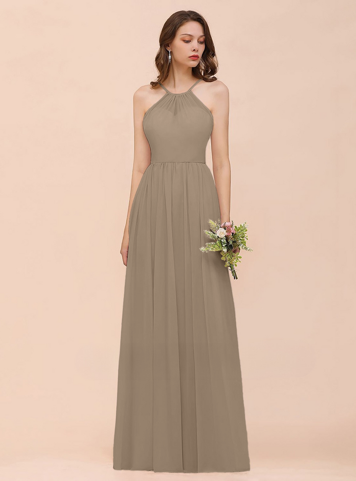 A-Line Halter Ruffle Sleeveless Floor-Length Dress-koscy