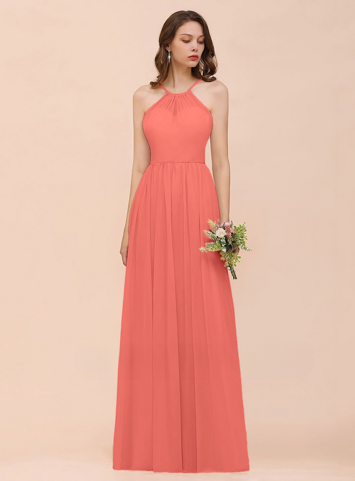 A-Line Halter Ruffle Sleeveless Floor-Length Dress-koscy