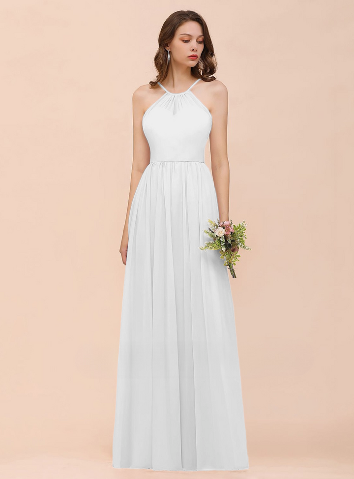 A-Line Halter Ruffle Sleeveless Floor-Length Dress-koscy