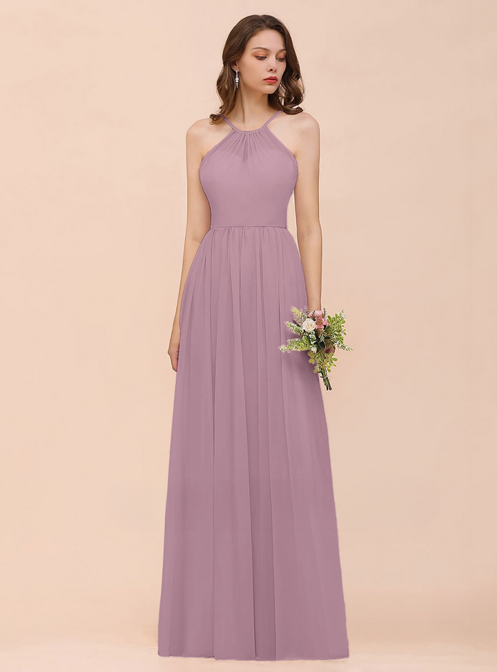 A-Line Halter Ruffle Sleeveless Floor-Length Dress-koscy