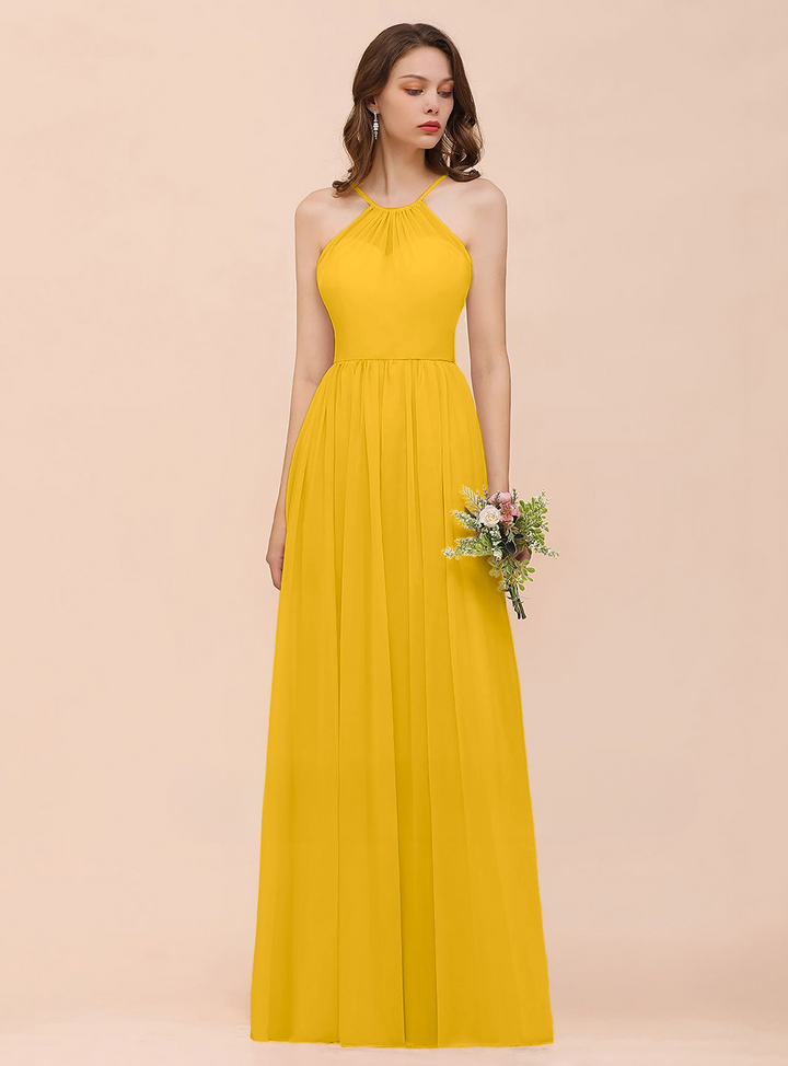 A-Line Halter Ruffle Sleeveless Floor-Length Dress-koscy