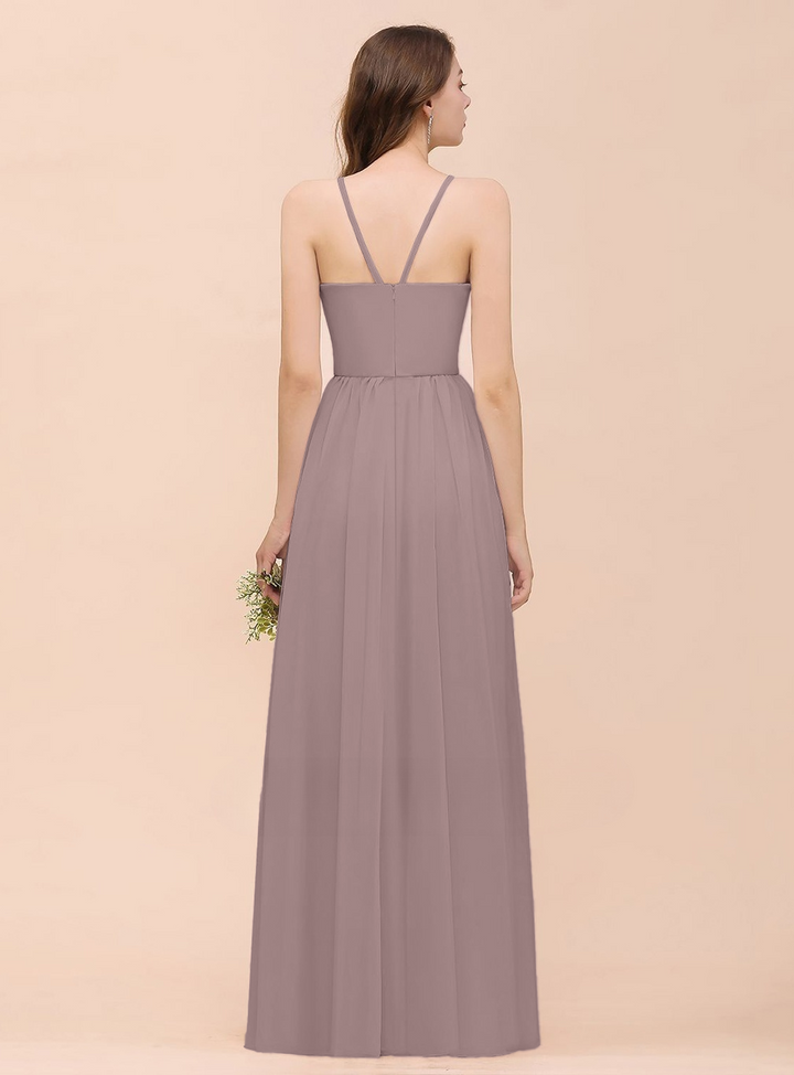 A-Line Halter Ruffle Sleeveless Floor-Length Dress-koscy