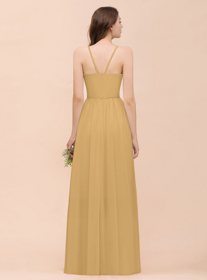 A-Line Halter Ruffle Sleeveless Floor-Length Dress-koscy