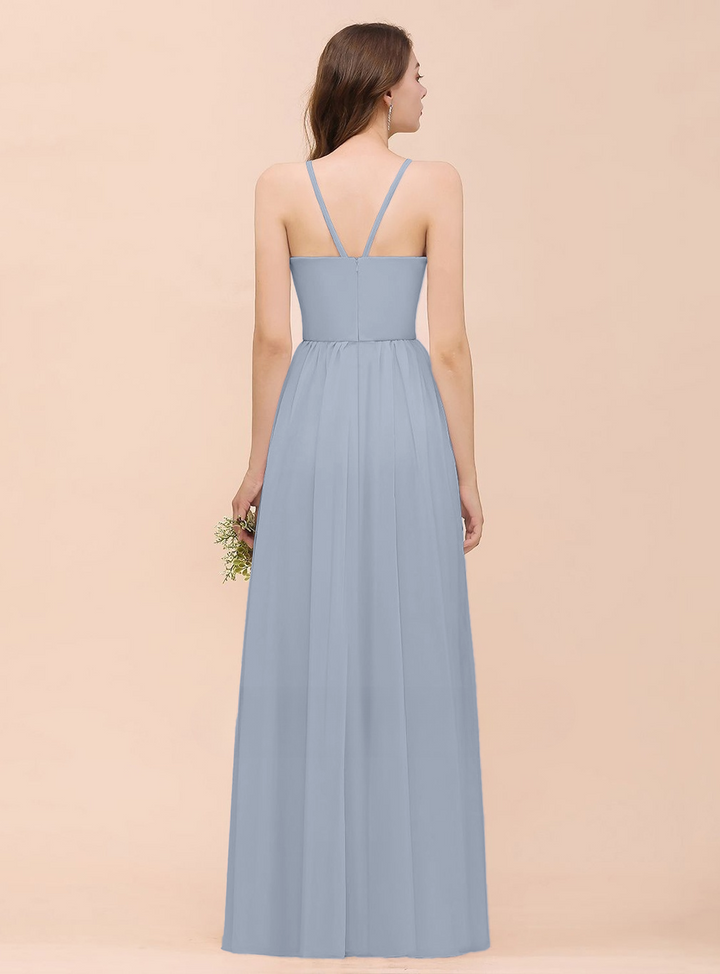 A-Line Halter Ruffle Sleeveless Floor-Length Dress-koscy