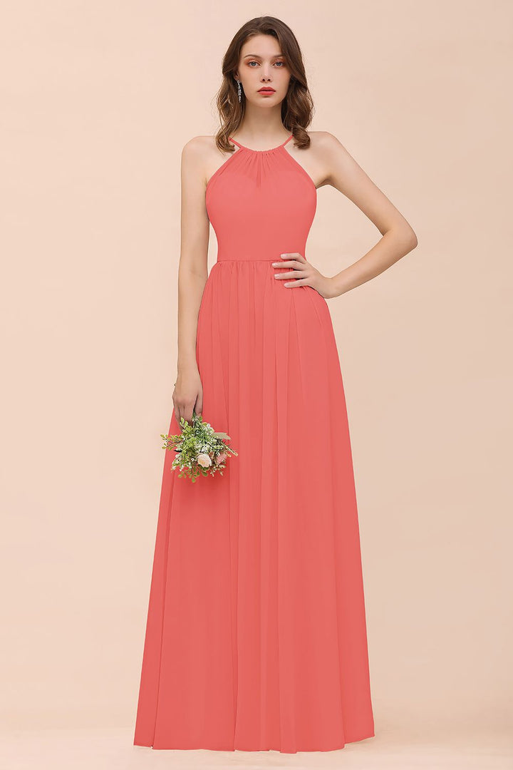 A-Line Halter Ruffle Sleeveless Floor-Length Dress-koscy