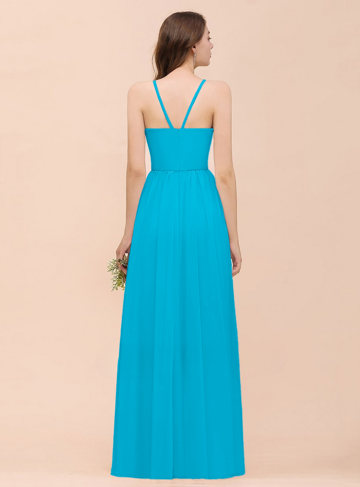 A-Line Halter Ruffle Sleeveless Floor-Length Dress-koscy