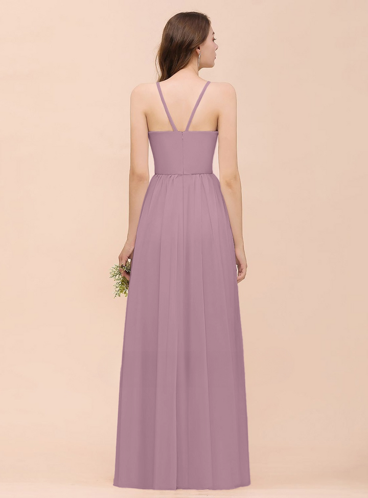 A-Line Halter Ruffle Sleeveless Floor-Length Dress-koscy